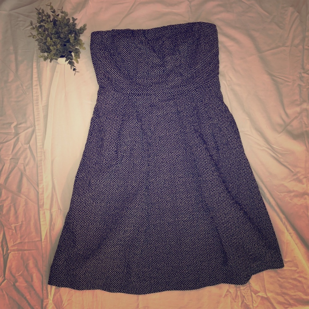 Navy & white JCrew polka dot strapless dress
